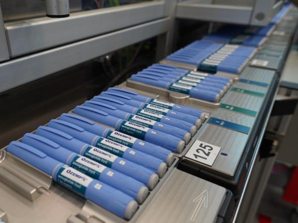 Pens for the diabetes drug Ozempic sit on a production line at Danish drugmaker Novo Nordisk's site