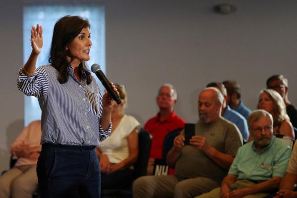 Nikki Haley speaks during a campaign town hall meeting in Claremont, New Hampshire.