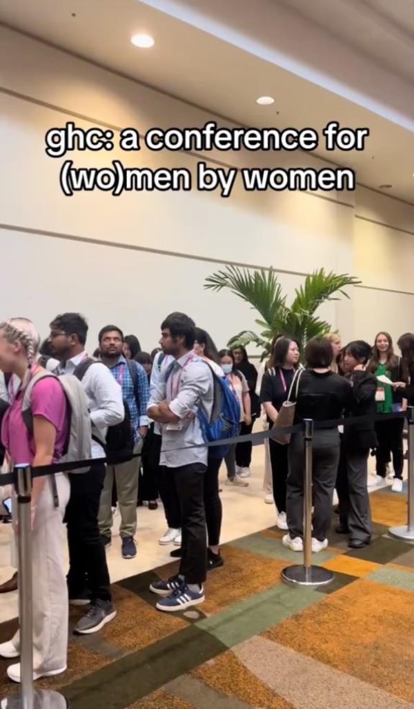 Large groups of cisgendered men were seen going straight for recruiter booths at the annual Grace Hopper Celebration job fair.  